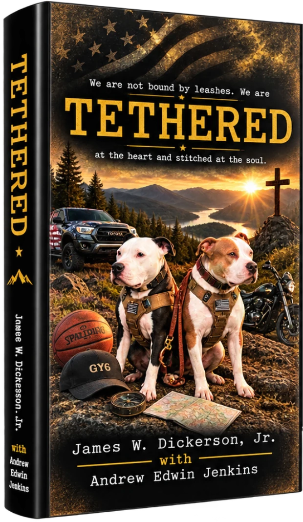 Tethered, the hardcover: two service dogs on a ridge at sunrise, by James W. Dickerson, Jr. with Andrew Edwin Jenkins
